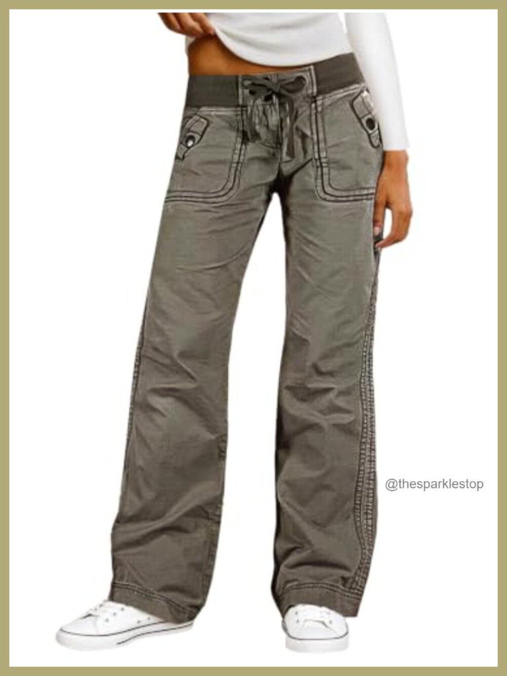 Straight Leg Drawstring Pants Cotton Spandex Mid Rise Women's Casual